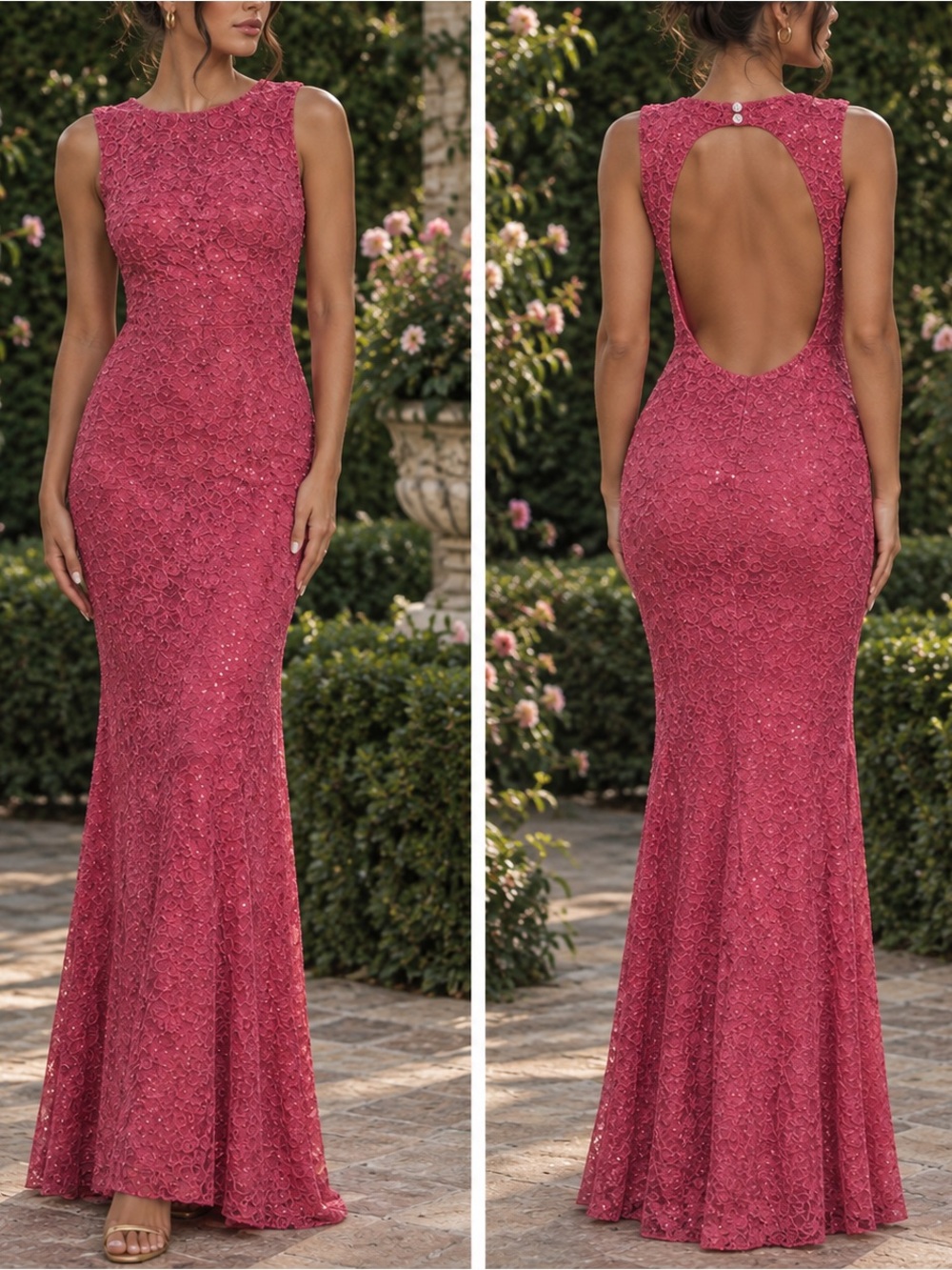 Elegant Open-Back Lace Evening Gown - Dusty Rose